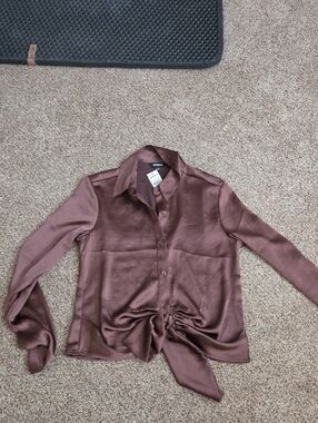 Express Satin Button-Front Blouse in Deep Brown